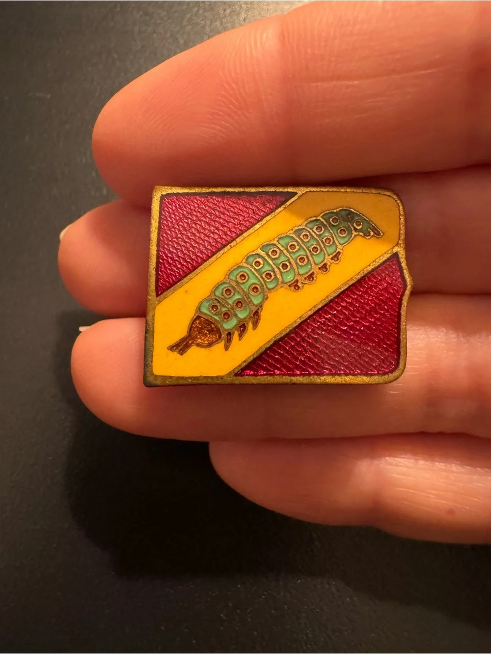 Vintage Yellow & Red Enamel Caterpillar Pin